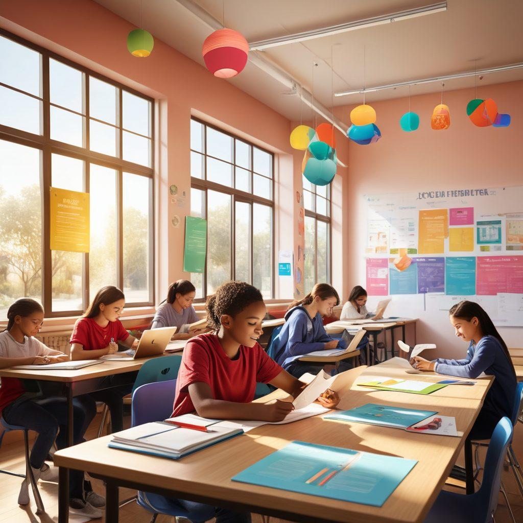 An inspiring study environment featuring a diverse group of students engaging with digital iReady tools, surrounded by vibrant educational posters and colorful stationery. Soft sunlight streaming through a window, casting a warm glow on the scene, while animated infographics and progress charts float around them. Super-realistic. Vibrant colors. Light and airy atmosphere.