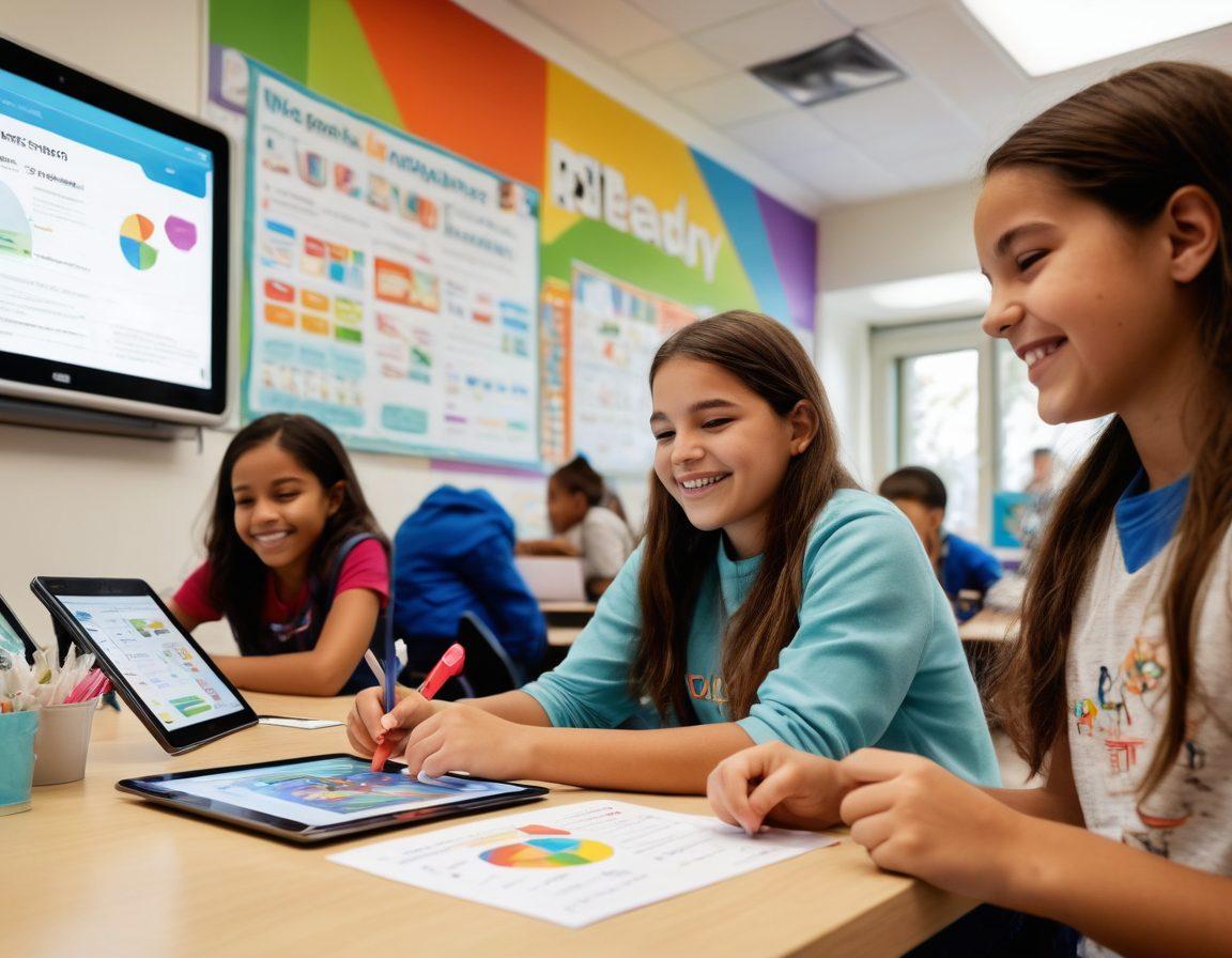 A dynamic classroom scene featuring diverse students engaged in personalized learning with iReady on tablets, showcasing excitement and collaboration. Include a teacher facilitating learning with a smile, colorful educational posters on the walls, and a digital display showing progress metrics in the background. The atmosphere should be lively with bright colors and a sense of achievement. super-realistic. vibrant colors. white background.