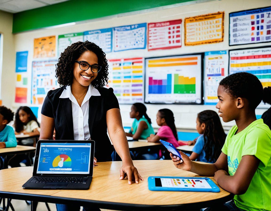 A vibrant classroom scene showcasing diverse students engaged with various iReady resources on tablets and laptops, exploring colorful charts and graphs that represent personalized learning journeys. An inspiring teacher guides them while motivational quotes about success are prominently displayed on the wall. Bright, optimistic colors to evoke positivity and achievement. super-realistic. vibrant colors. 3D.